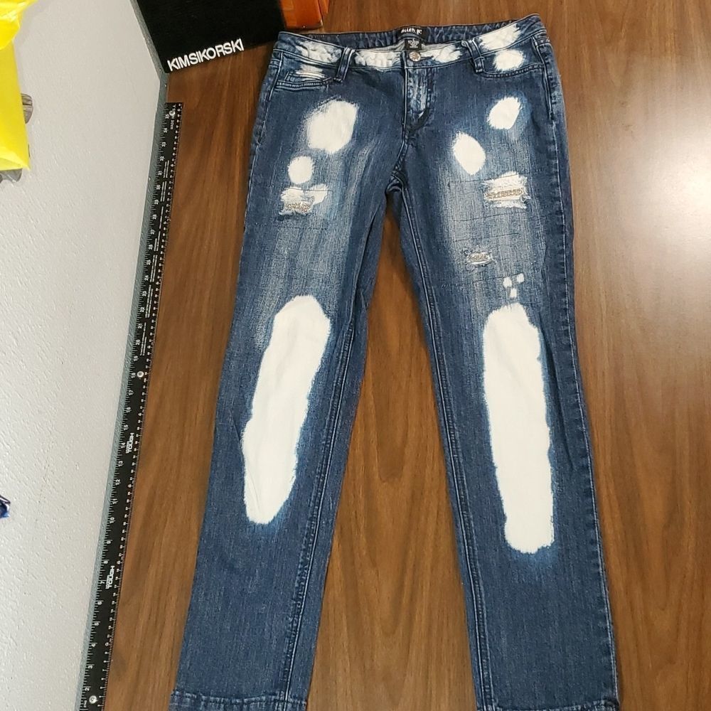 Allen B by Allen Schwartz Bleach Dye Crystal Embellishments Destroyed Jeans Sz 8